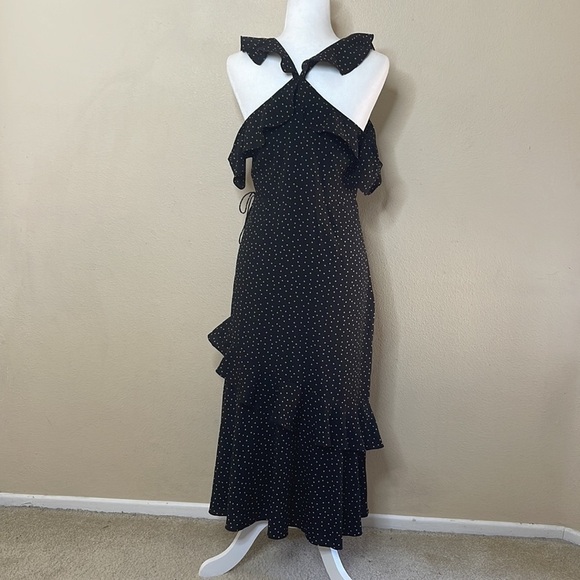 SAYLOR Black Beige Polka Dot V Neck Ruffle Sleeveless Midi Dress Size Medium - Picture 4 of 8
